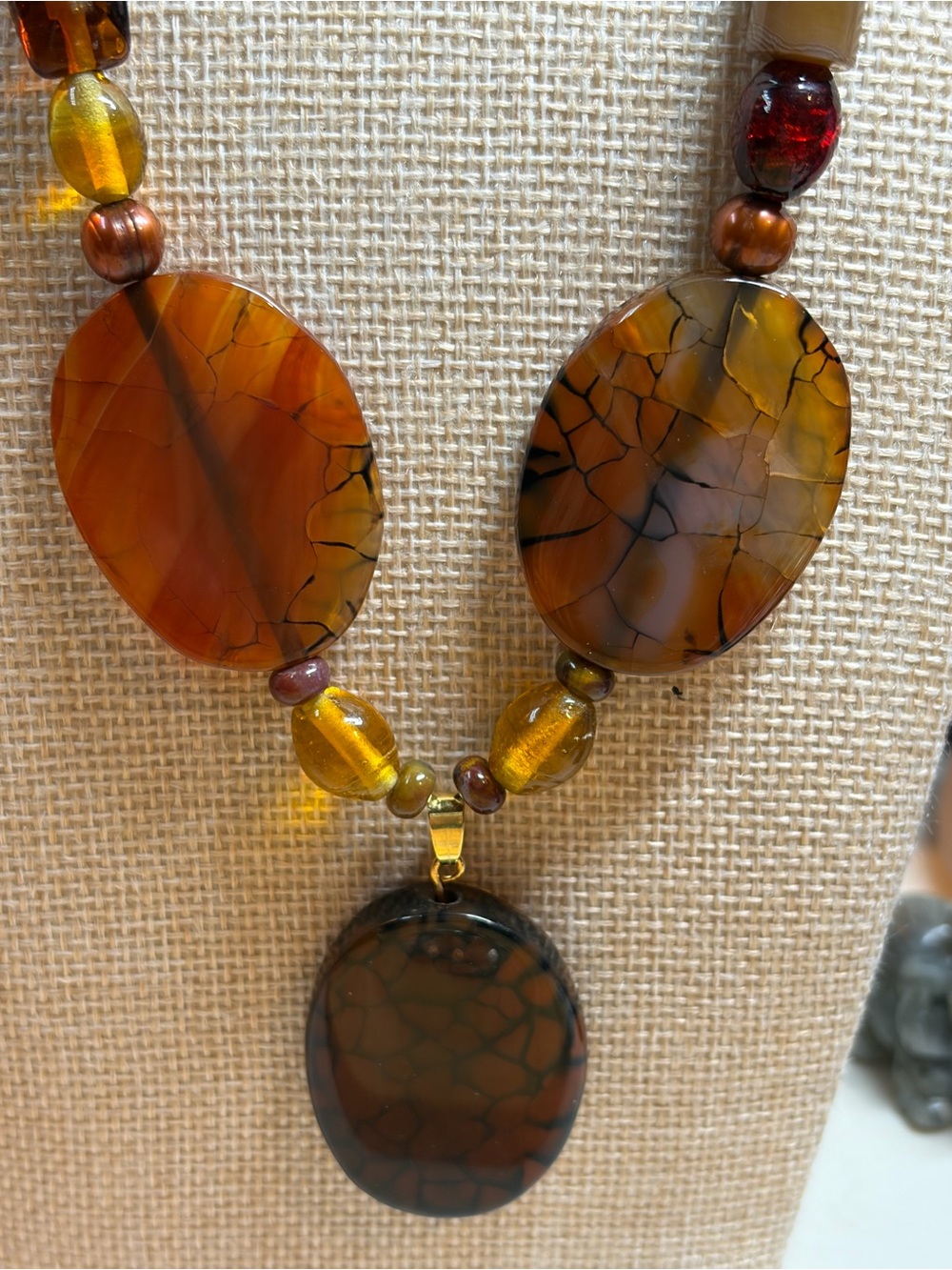 "Fireside Agate" Stone and Glass Necklace - Picture 3 of 7